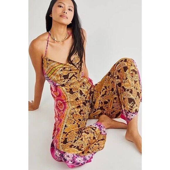 Free People Pants - Free People S Miranda Printed Jumpsuit Satiny Floral Scarf Print Pink Gold